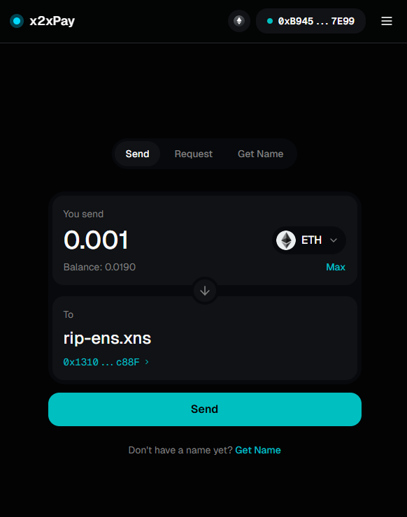 Sending crypto to rip-ens@xns on x2xPay