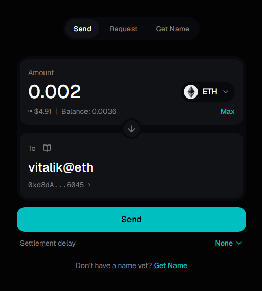 Resolving vitalik@eth in the x2xPay Send view